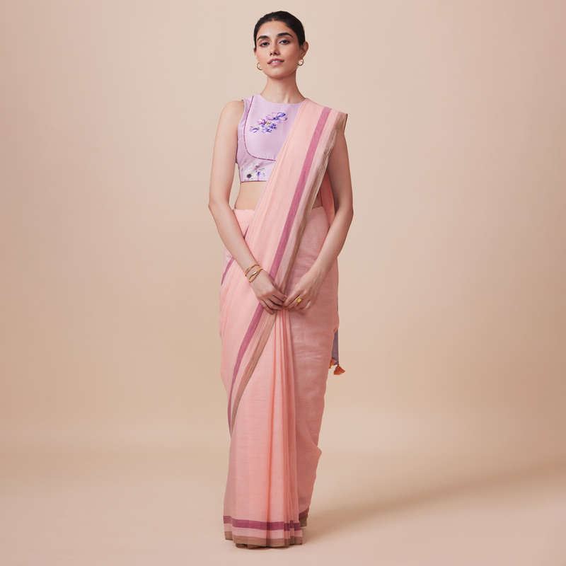 Cotton Solid Saree with Blouse | Peach