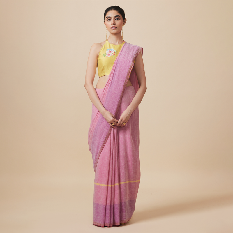 Cotton Solid Saree with Blouse | Pink & Purple