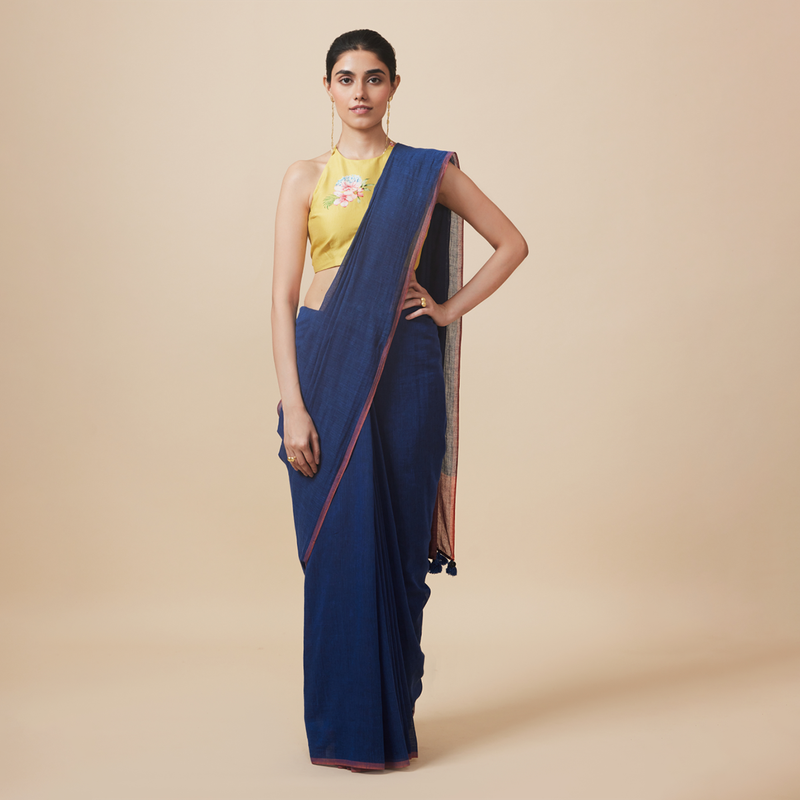 Cotton Solid Saree with Blouse | Dark Blue