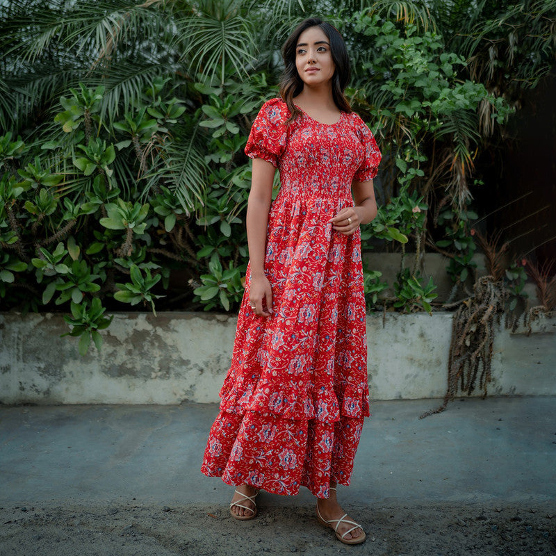 Bemberg Cotton Dress For Women | V Neck | Puff Sleeves | Red