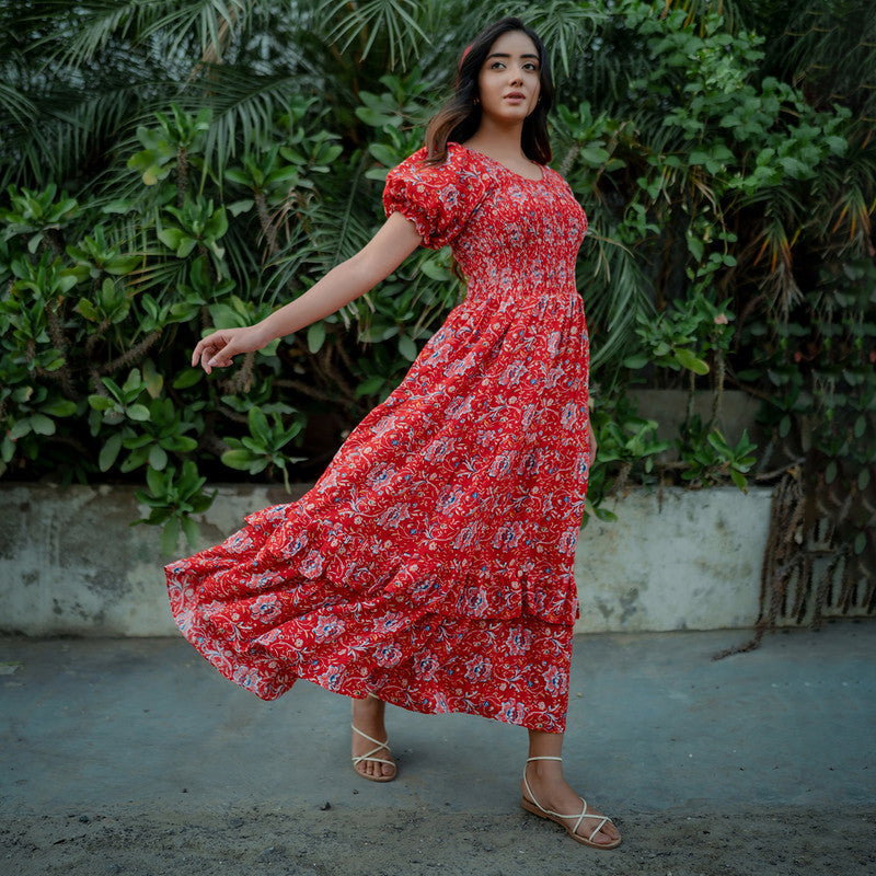 Bemberg Cotton Dress For Women | V Neck | Puff Sleeves | Red