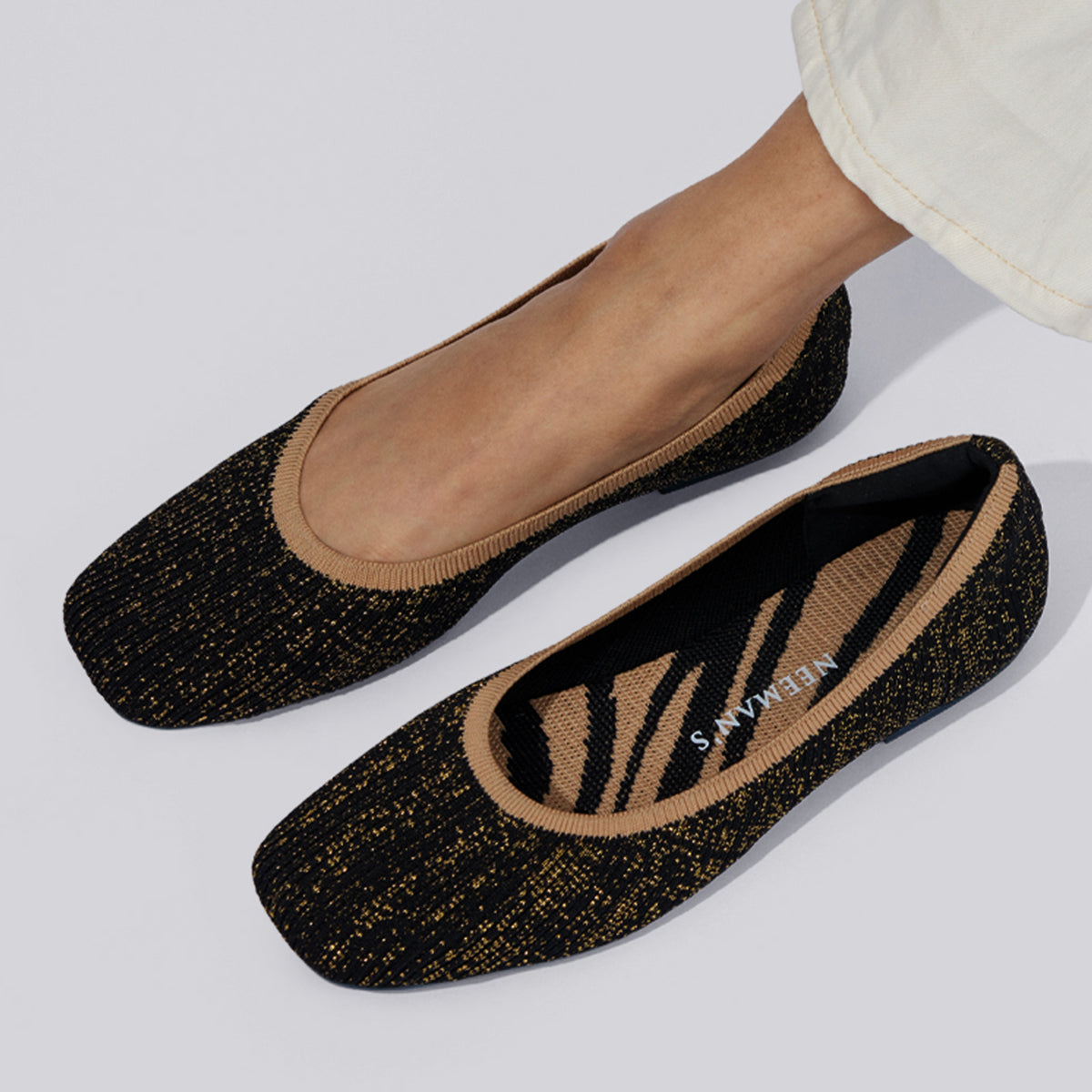 Neeman's Slip-Ons Flats for Women | Metallic Square | Black & Gold