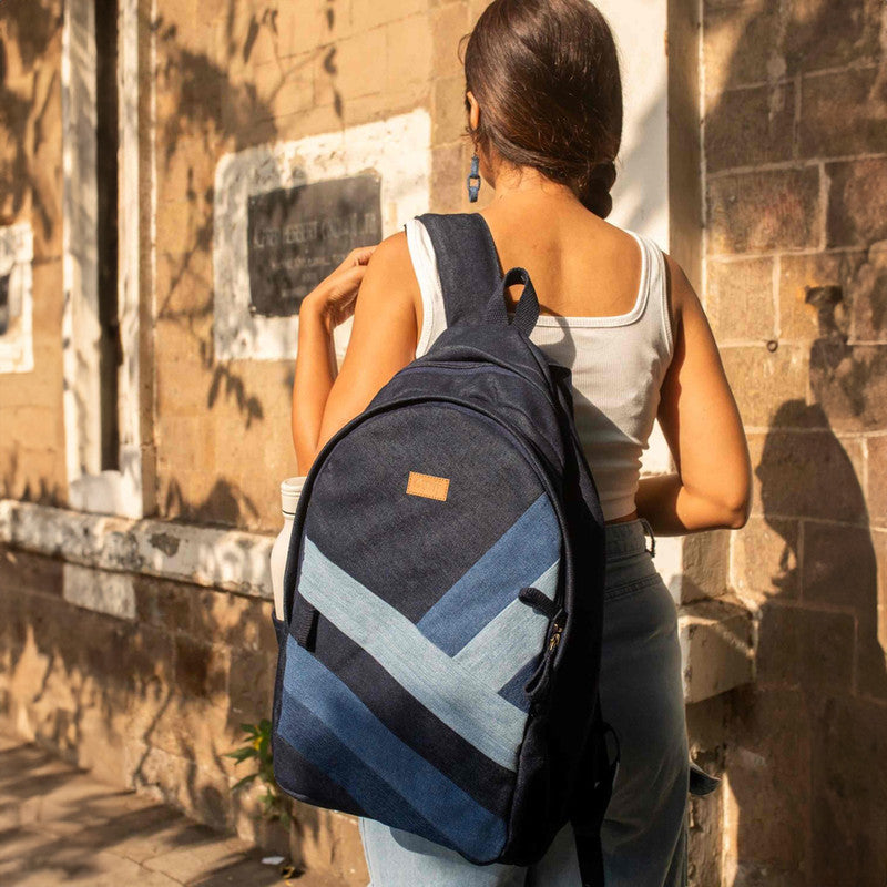 Upcycled Denim Travel Backpack | Diagonal Striped | Blue | Unisex