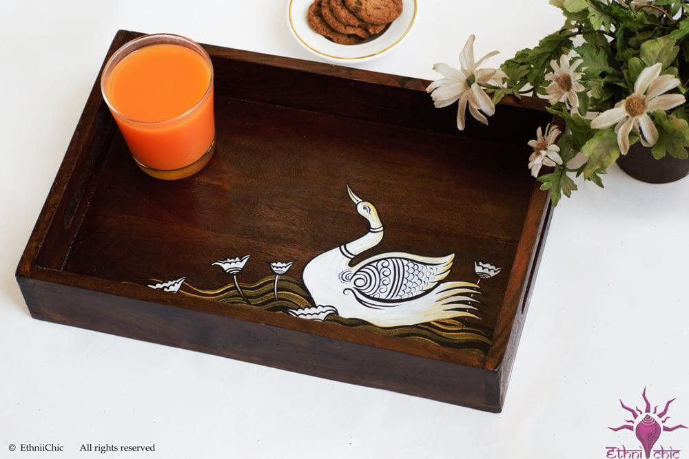 Ethinichic Hand painted Swan Solid Wood Serving Tray