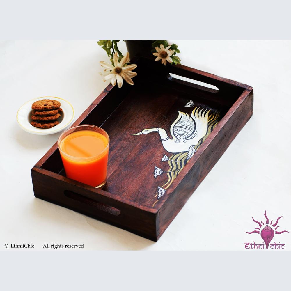 Ethinichic Hand painted Swan Solid Wood Serving Tray