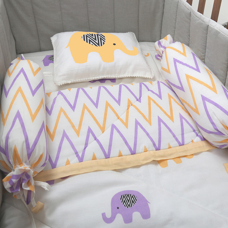 Organic Cotton Cot Bedding Set with Quilt | Enchanting Elephants | Orange | Set of 5