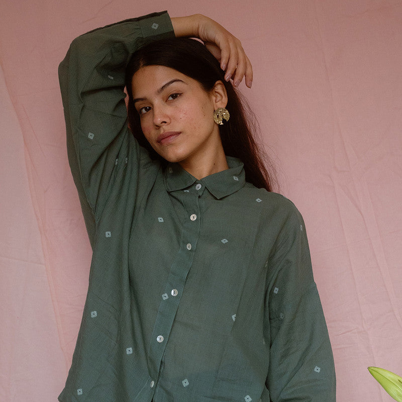 Cotton Oversized Shirt For Women | Green | Fine-count