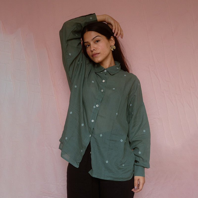 Cotton Oversized Shirt For Women | Green | Fine-count