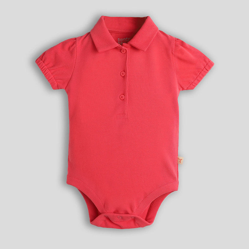 Cotton Polo Bodysuit For Girls | Pink