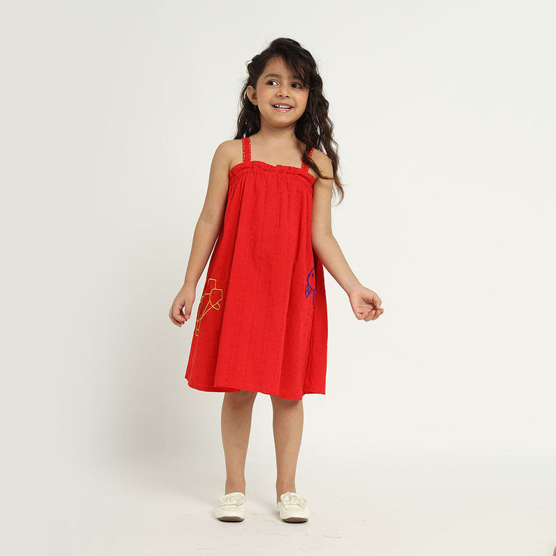 Cotton Hibiscus Dress For Girls | Animal Beaded | Red