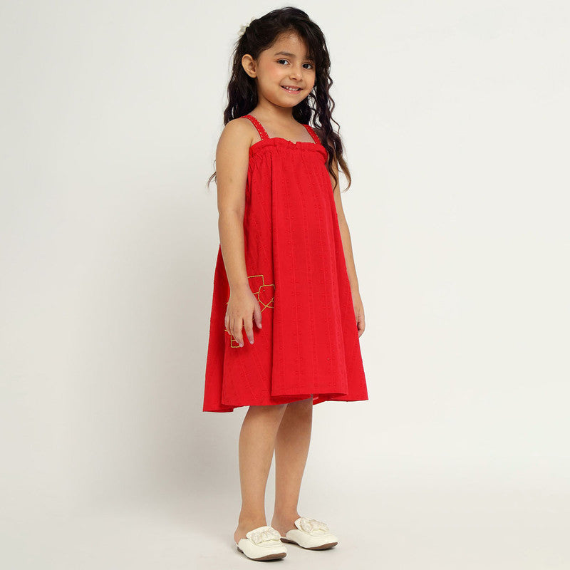 Cotton Hibiscus Dress For Girls | Animal Beaded | Red