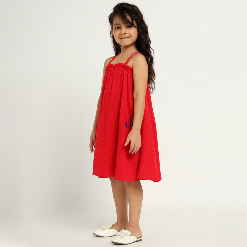 Cotton Hibiscus Dress For Girls | Animal Beaded | Red