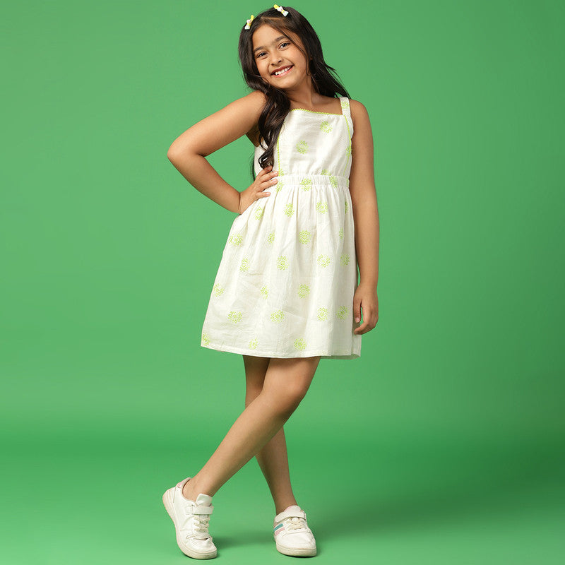 Cotton Strappy Dress for Girls | Embroidered | White