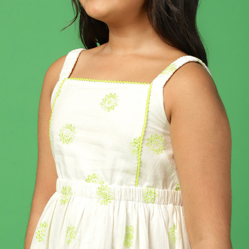 Cotton Strappy Dress for Girls | Embroidered | White