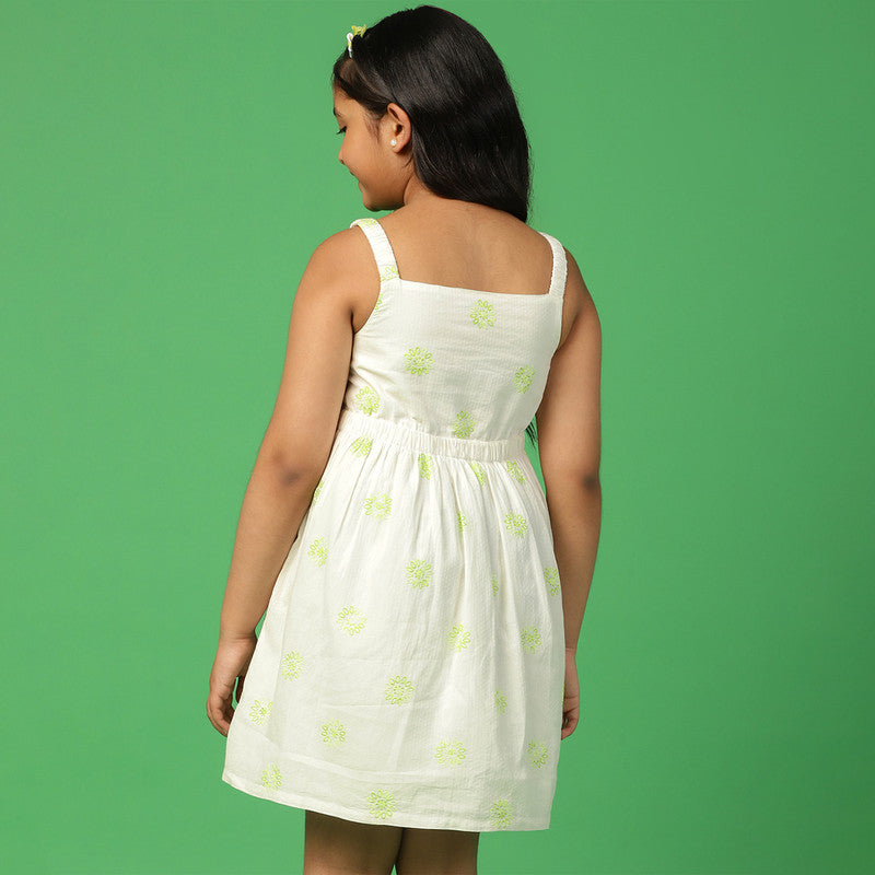 Cotton Strappy Dress for Girls | Embroidered | White