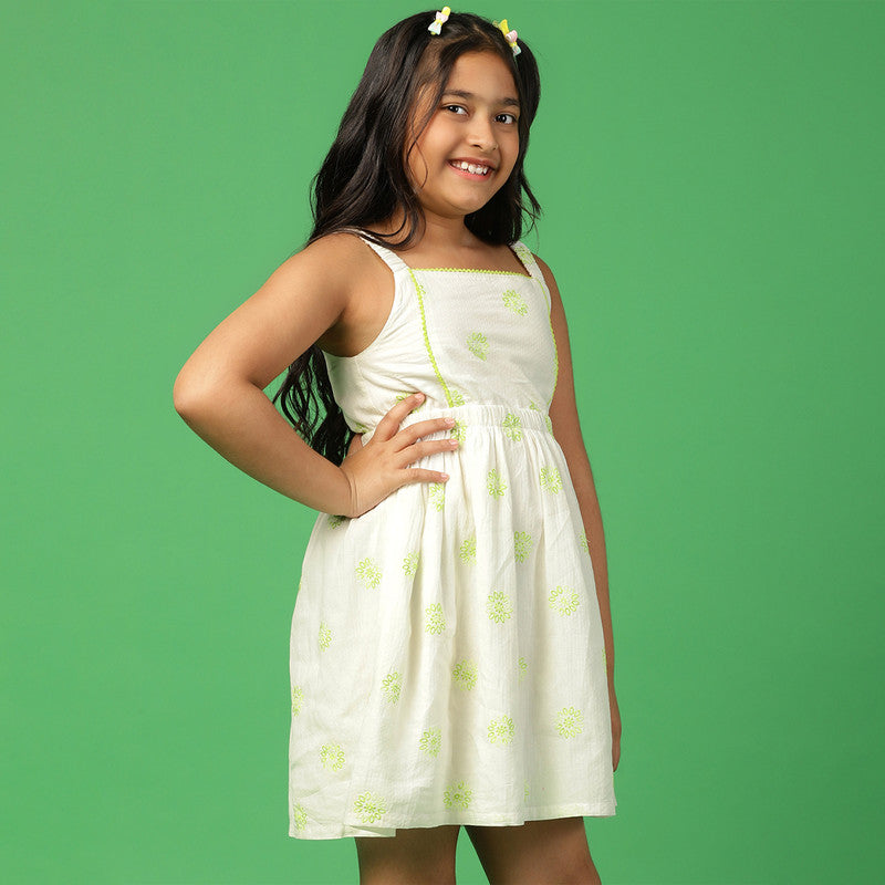 Cotton Strappy Dress for Girls | Embroidered | White