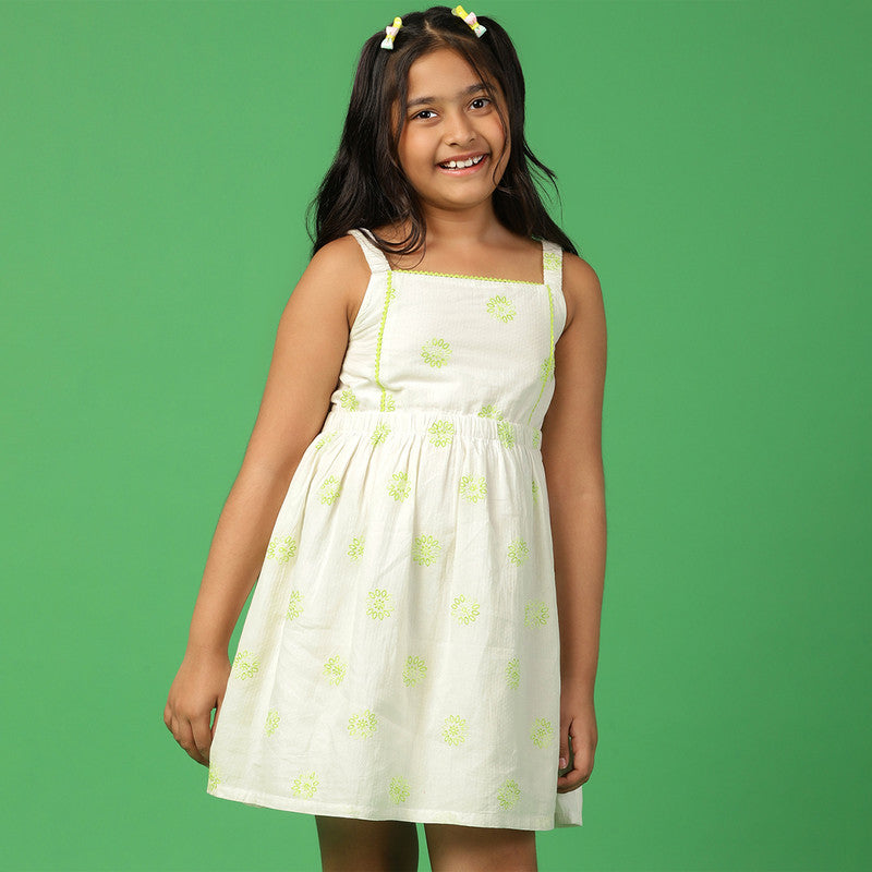 Cotton Strappy Dress for Girls | Embroidered | White