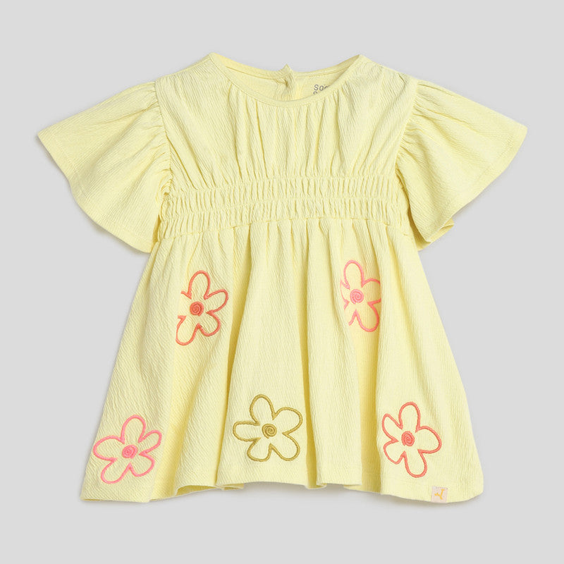 Cotton Floral Dress for Girls | Embroidered | Yellow