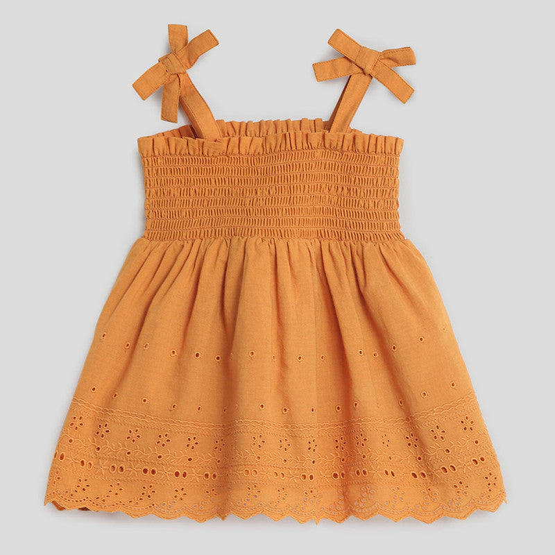 Cotton Dress for Girls | Smocked Schiffli | Rust