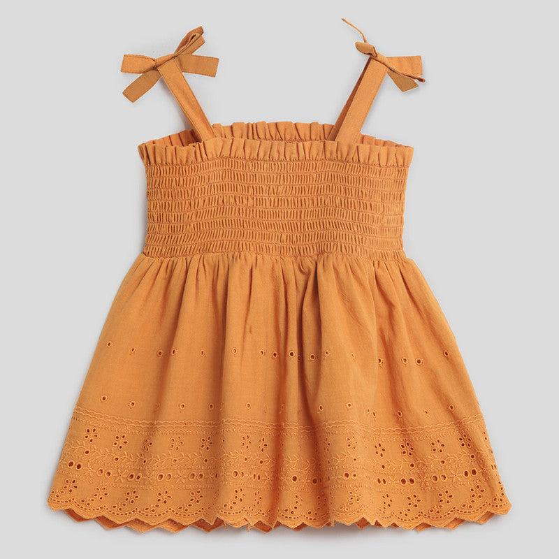 Cotton Dress for Girls | Smocked Schiffli | Rust