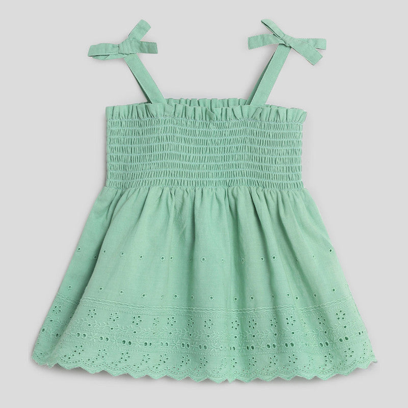 Cotton Dress for Girls | Green Smocked Schiffli | Green