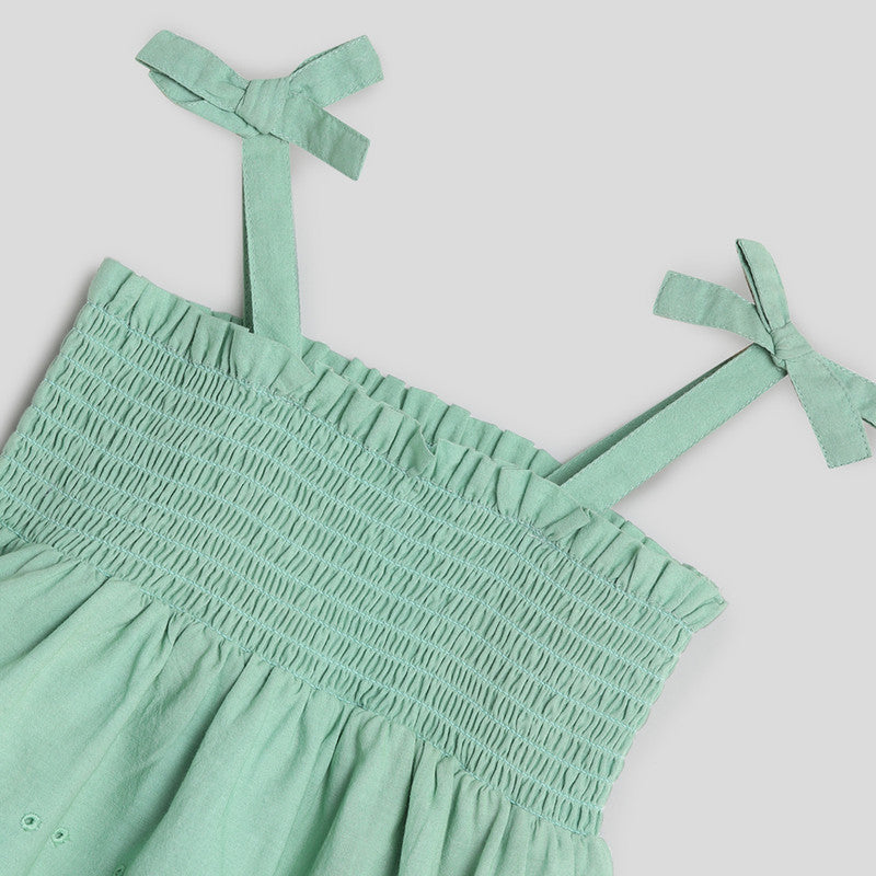 Cotton Dress for Girls | Green Smocked Schiffli | Green