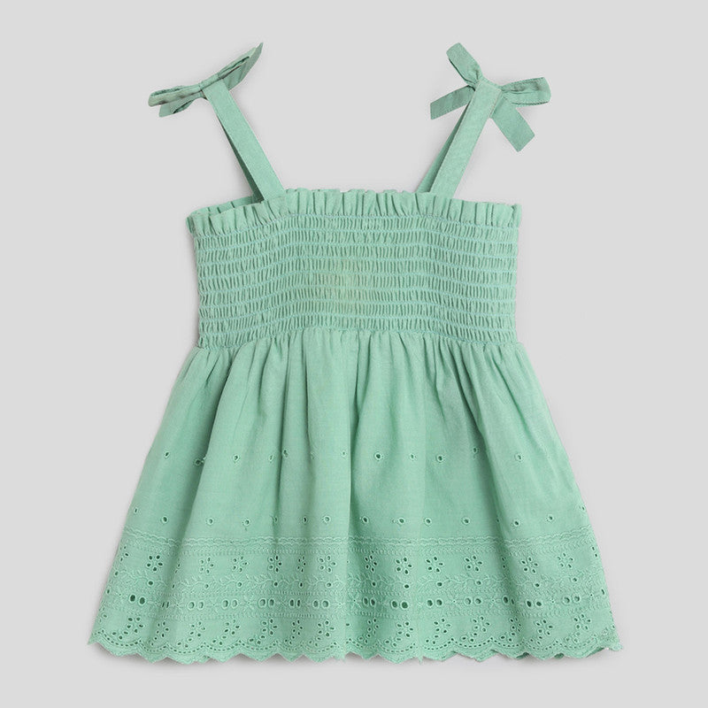 Cotton Dress for Girls | Green Smocked Schiffli | Green