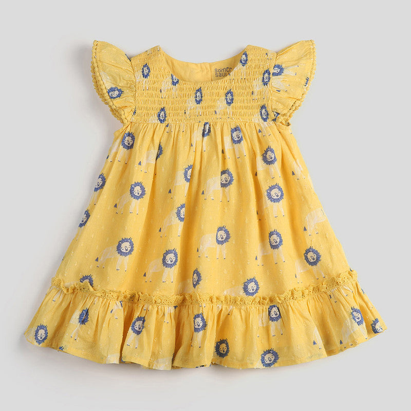 Cotton Dress For Baby | Lion Printed | Yellow