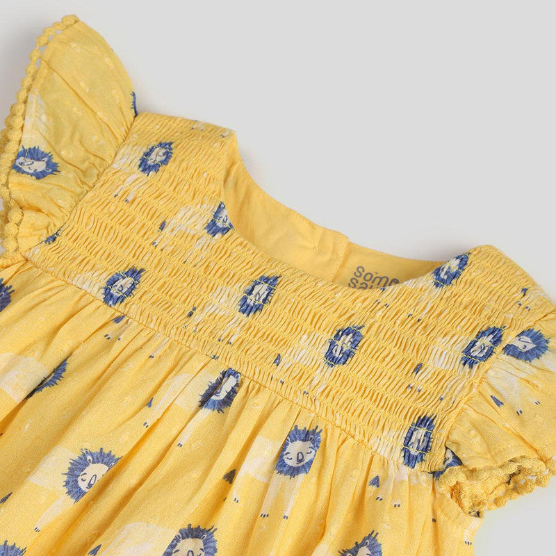 Cotton Dress For Baby | Lion Printed | Yellow