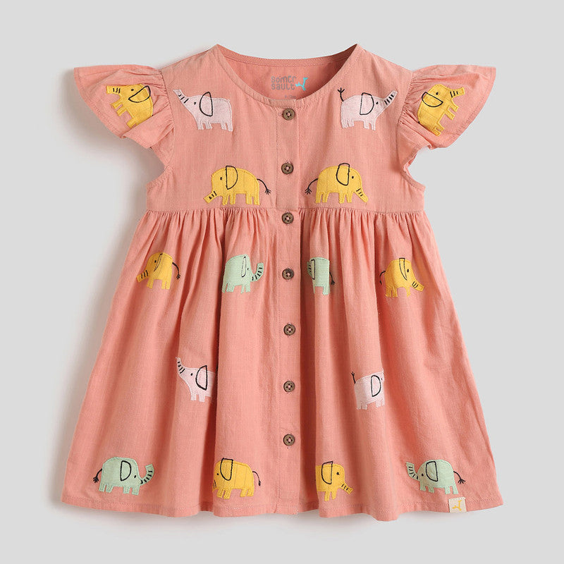 Cotton Dress For Girls |  Embroidered Elephant Printed | Peach