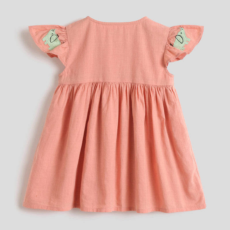 Cotton Dress For Girls |  Embroidered Elephant Printed | Peach