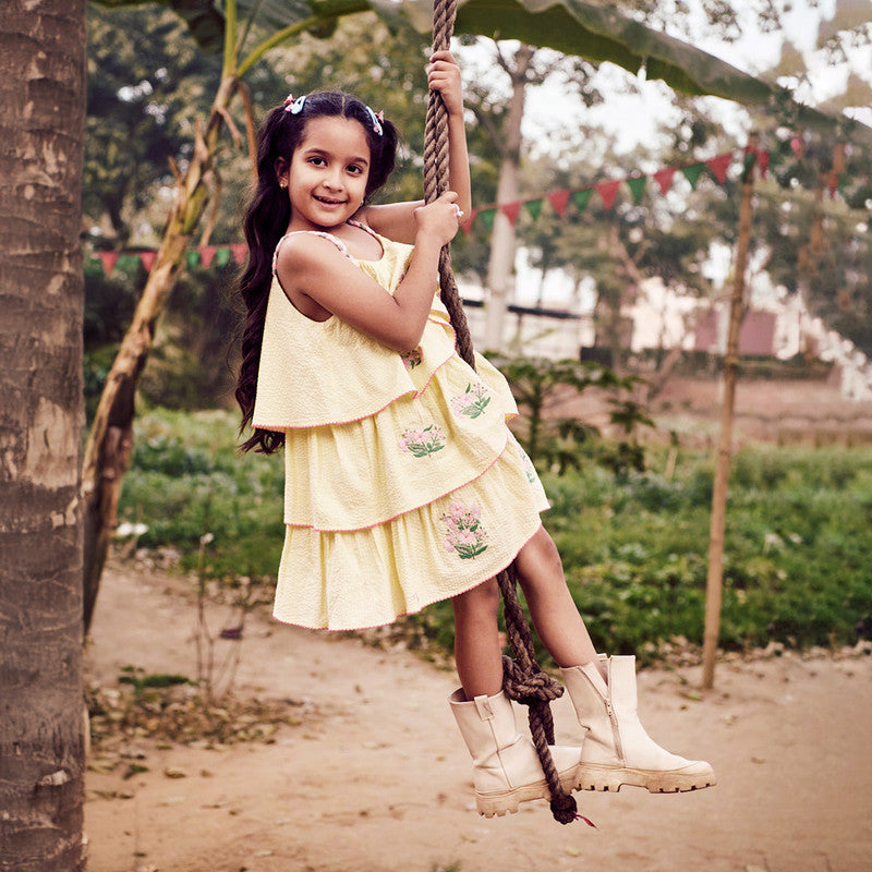 Cotton Tier Dress for Girls | Flower Embroidery | Yellow