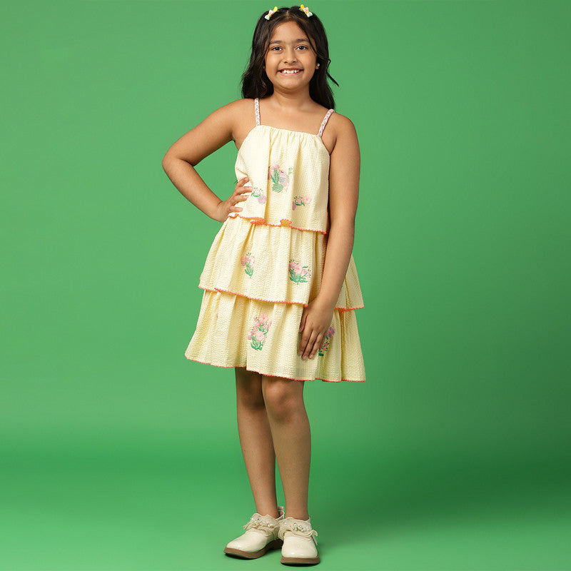 Cotton Tier Dress for Girls | Flower Embroidery | Yellow