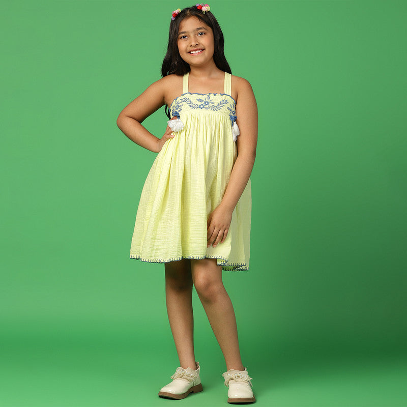 Cotton Flower Dress for Girls | Embroidered | Yellow