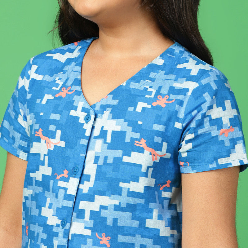 Cotton Camouflage Dress for Girls | Blue