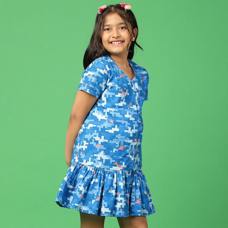 Cotton Camouflage Dress for Girls | Blue