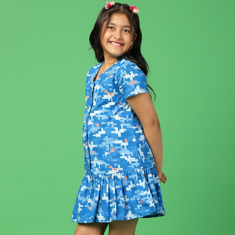 Cotton Camouflage Dress for Girls | Blue