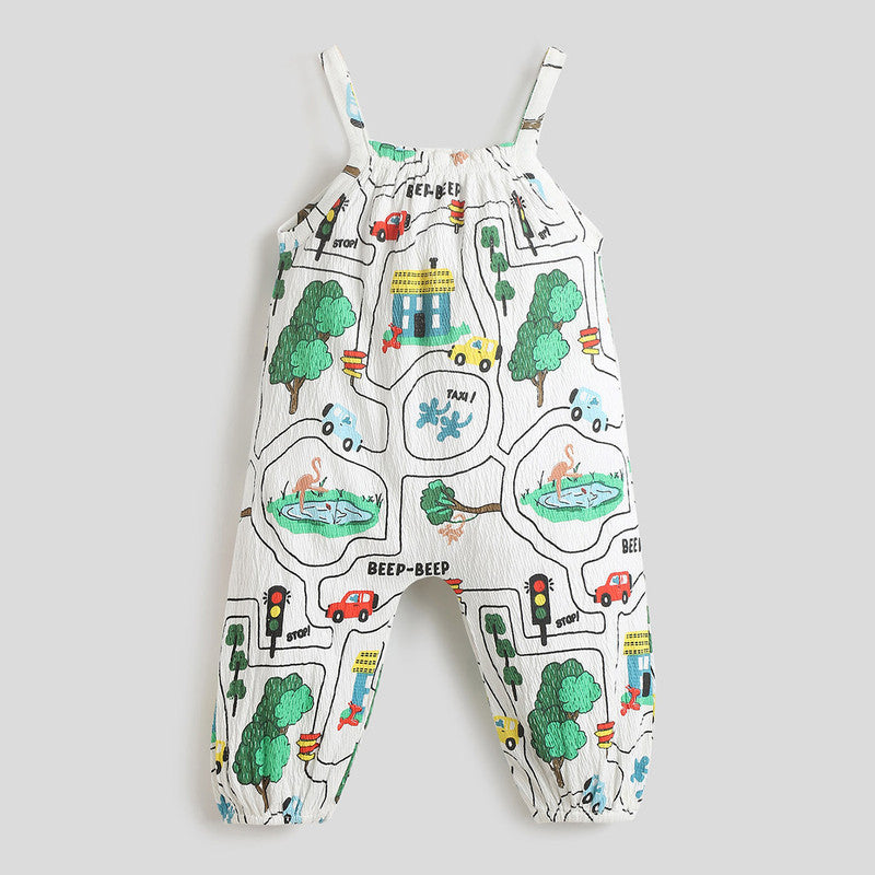 Cotton Romper For Girls | Beep Beep Printed | Off-White