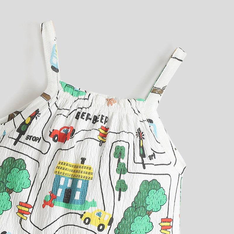 Cotton Romper For Girls | Beep Beep Printed | Off-White