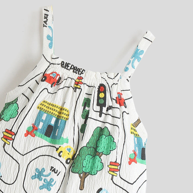 Cotton Romper For Girls | Beep Beep Printed | Off-White