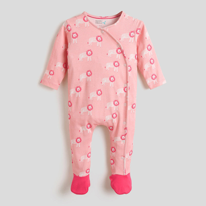 Cotton Sleepsuit For Baby | Lion Wrapover | Pink