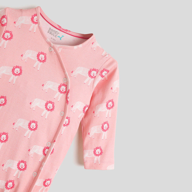 Cotton Sleepsuit For Baby | Lion Wrapover | Pink