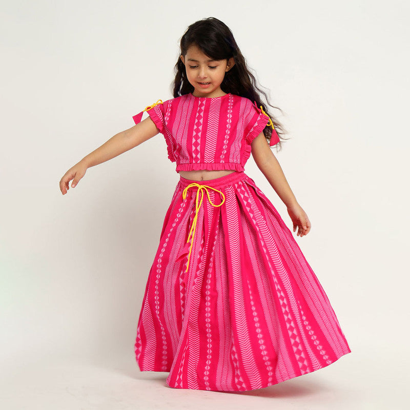 Cotton Top & Skirt Set For Girls | Printed | Pink