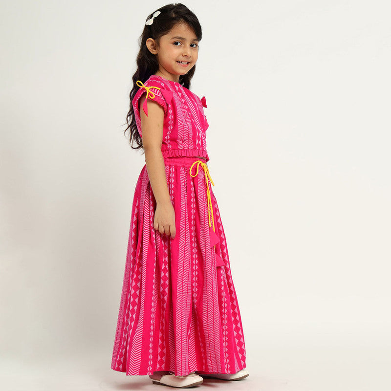 Cotton Top & Skirt Set For Girls | Printed | Pink