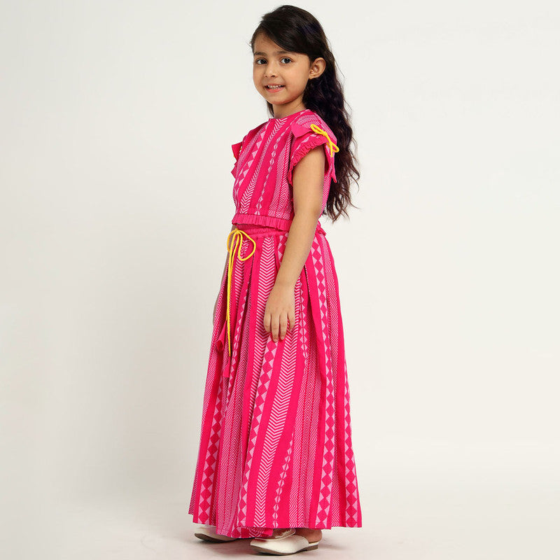 Cotton Top & Skirt Set For Girls | Printed | Pink