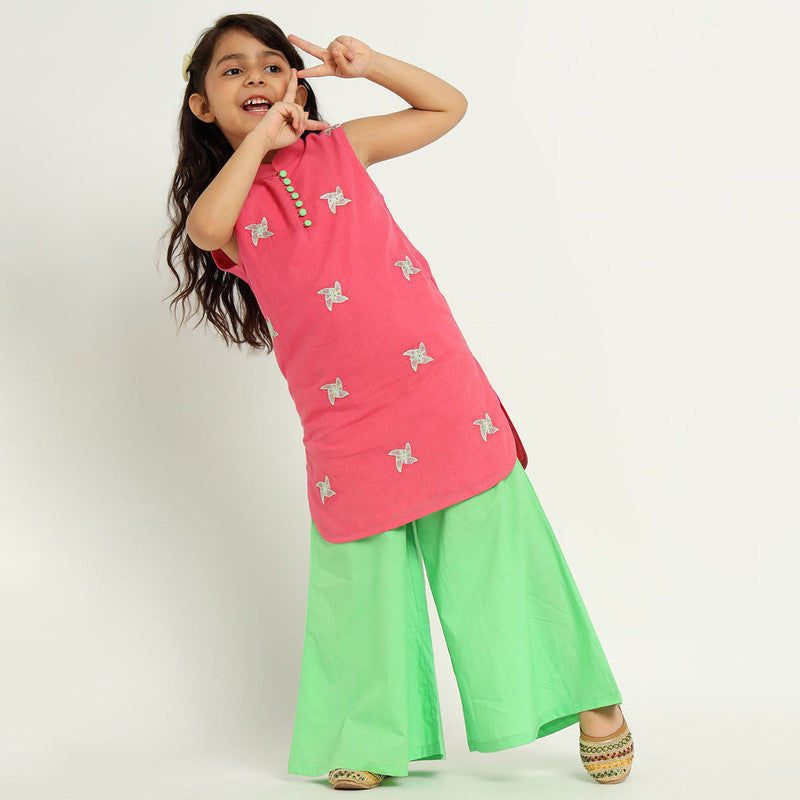 Cotton Kurta & Palazzo Set | Happy Windmill | Mandarin Collar | Pink