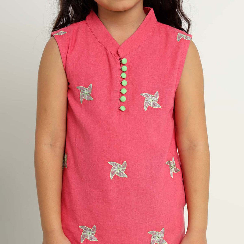 Cotton Kurta & Palazzo Set | Happy Windmill | Mandarin Collar | Pink