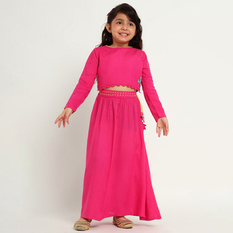 Cotton Top & Skirt Set For Girls | Beaded Haathi | Pink