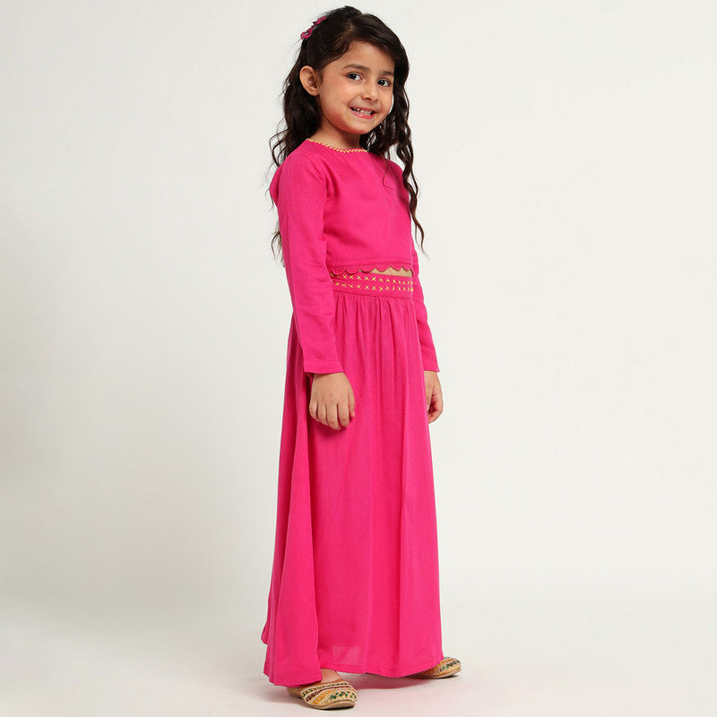 Cotton Top & Skirt Set For Girls | Beaded Haathi | Pink