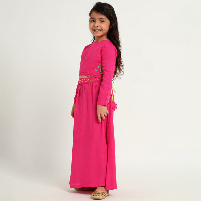 Cotton Top & Skirt Set For Girls | Beaded Haathi | Pink